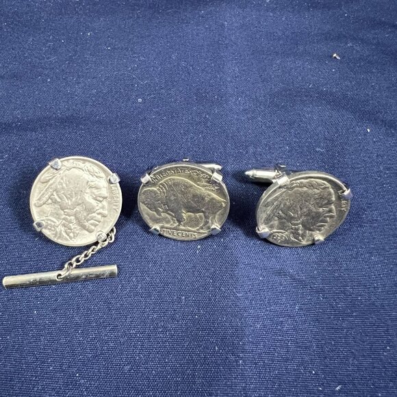 Vintage Swank Buffalo Nickel Cuff Links & Tie Tack Set - Picture 1 of 4